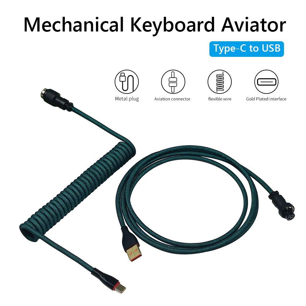 1.8m Aviator Cable 2 In 1 Type-C To USB Coiled Aviator Wire Woven Mesh Coiled Cable Gold Plating Mechanical Keyboard Accessories