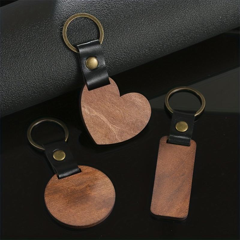 1pc Wood Square Tag Key Chains, Vintage Color Leather Round Keychain Accessories, Fashion Bag Pendant, Blank Wooden Card Keyring.