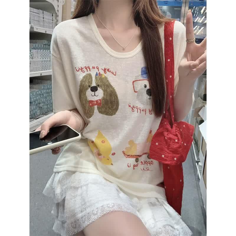 La Chapelle 2026 Summer Women s Cute Dog Print Loose T-Shirt L