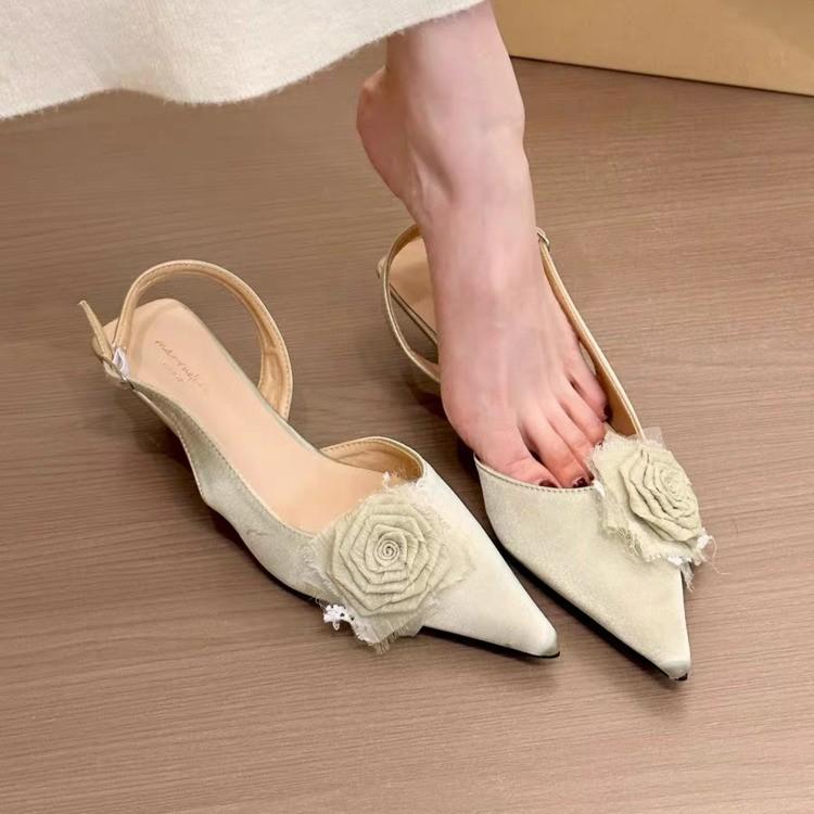 Summer Women's High Heel Sandals Fashion Pointed Toe Flower Decoration Shoes Ladies Evening Dancing Party Slingback Shoes