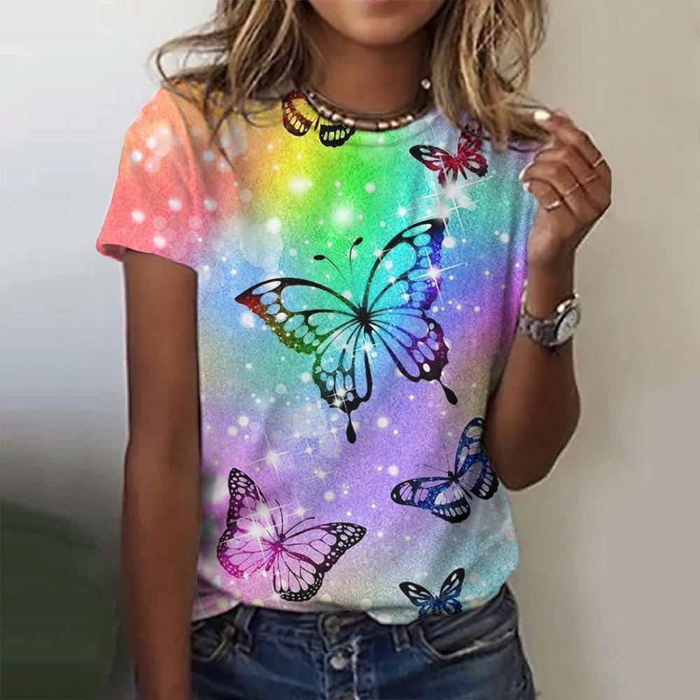 Frauen T-Shirts 2023 Sommer Mode 3d Schmetterling Print Kurzarm Top Weibliche Kleidung O Neck Übergroßen Tees Harajuku T Shirts