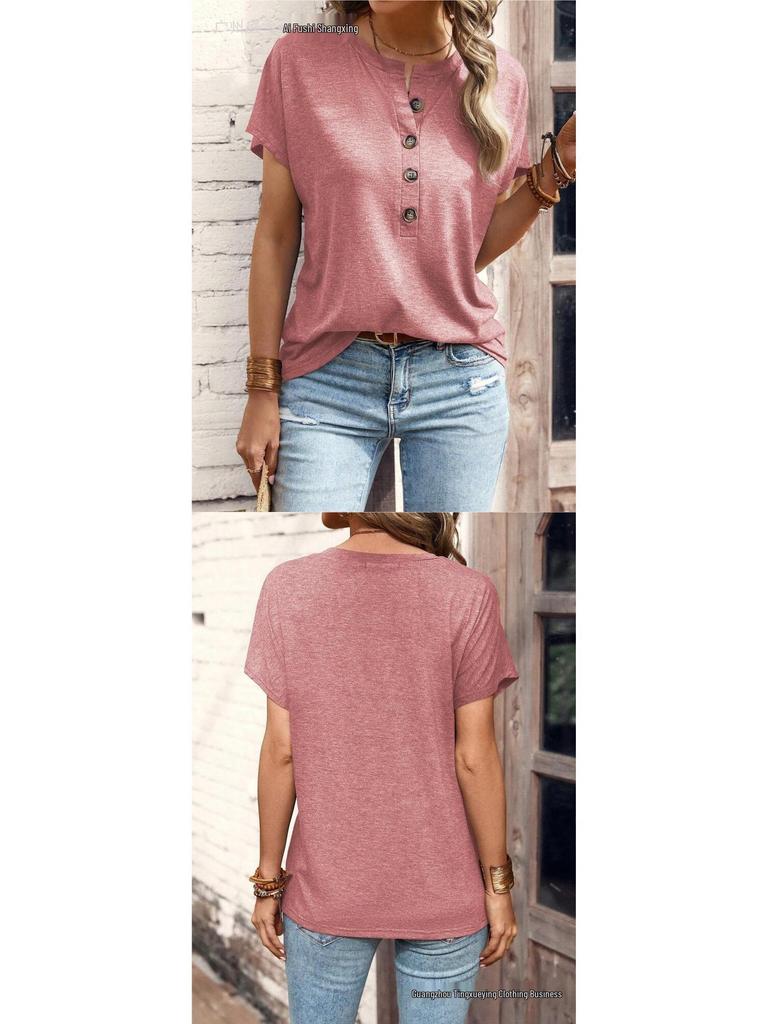 Women's European & American Style Solid Color Button Fashion Short Sleeve T-shirt for Spring/Summer