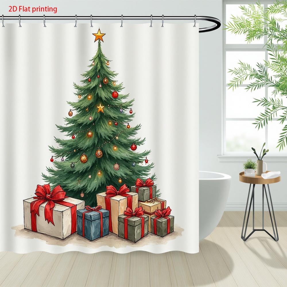 1Pc Christmas Tree Print Shower Curtain - Machine Washable With Hooks, Polyester Fabric Shower Curtain For Bathroom Decoration