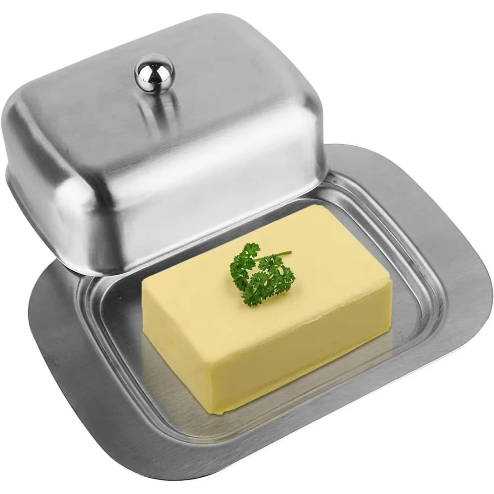 7 Inch Butter Dish Solid Stainless Steel Butter Dish Cheese Container Butter Storage Box Tray with Easy Grip Lid Kitchen Cutlery