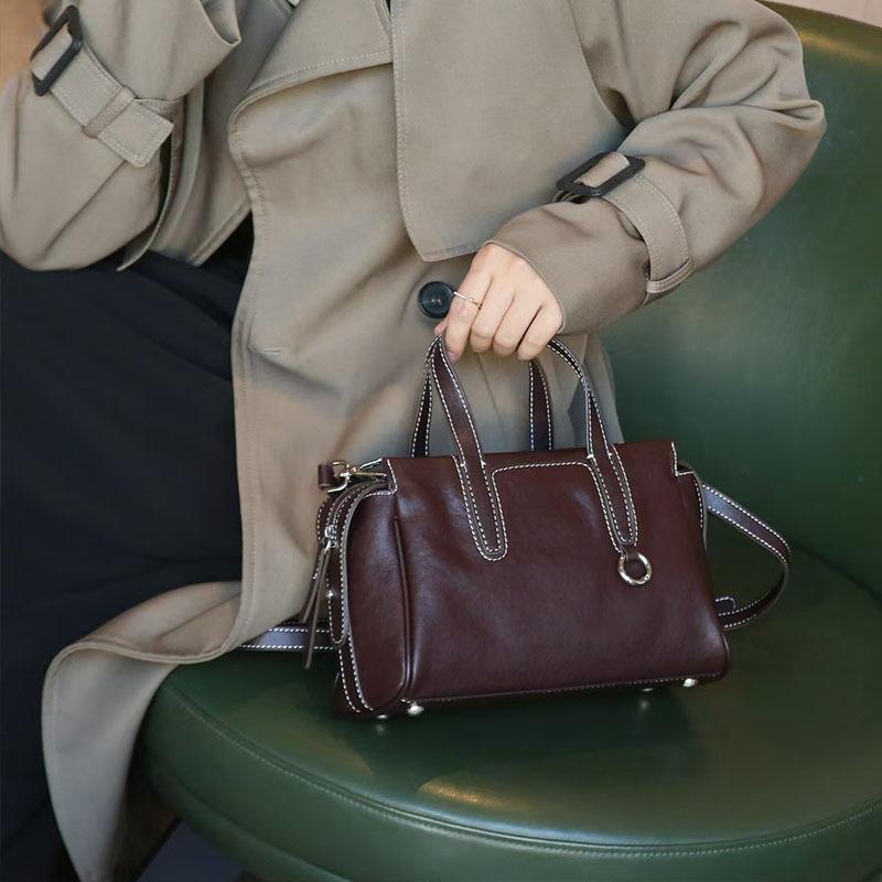 Bowling-Einkaufstasche aus pflanzlich gegerbtem Rindsleder mit oberer Schicht, Kissentasche, Vintage-Einkaufstasche, Umhängetasche