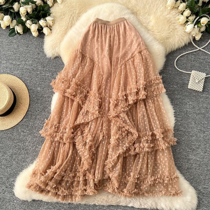 

Fairy Skirt 2025 Early Spring New Arrival Gentle Fancy Slim Looking Heart Mesh Asymmetrical Bubble Skirt Khaki All yards