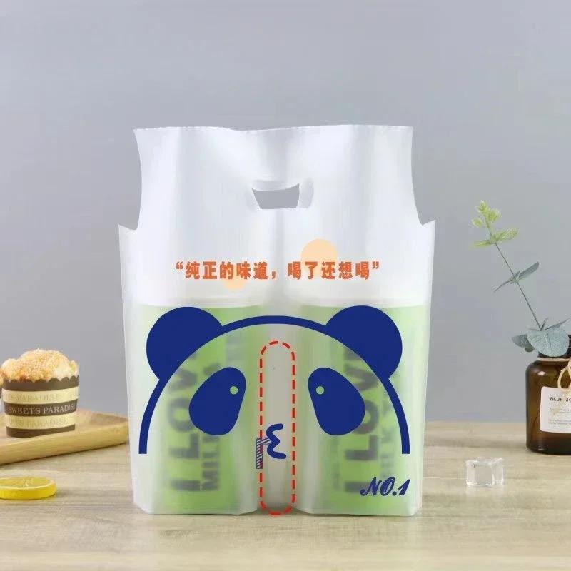 200piece Disposable Frosted Plastic Bags 1/ 2 Cups Printed Cartoon Flower Tote Bag Milk Tea Coffee Juice Takeaway Packaging Pouc