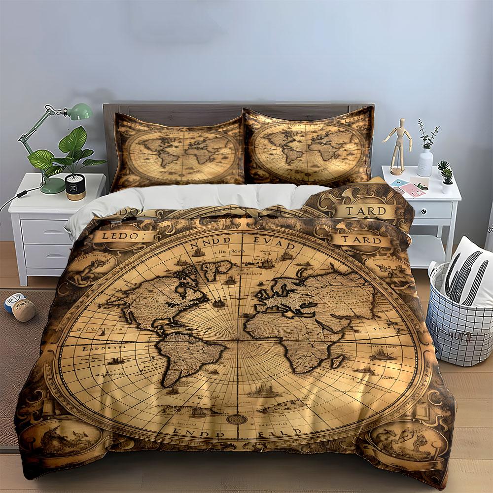 Vintage World Map Decor Set  Kid'S And Adults' Bedroom Decor, Exquisite Three-Piece Bedding Set Gift