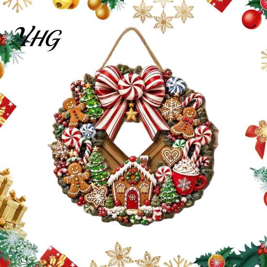Rustic Holiday Wall Hanging Decor Gingerbread Man Wreath Wooden Sign for Front Door, Retro Christmas Plaque with Seasonal Festive Entryway Candy Cane