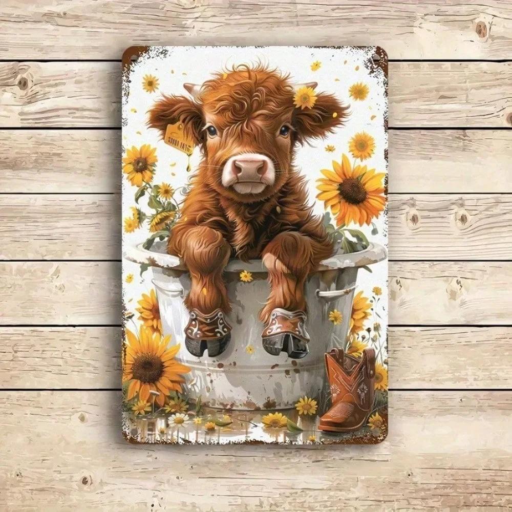 pc Highland Cow Sunflower Themed Metal Tin Sign x Inch Reusable Aluminum Art Ideal For Home Decor