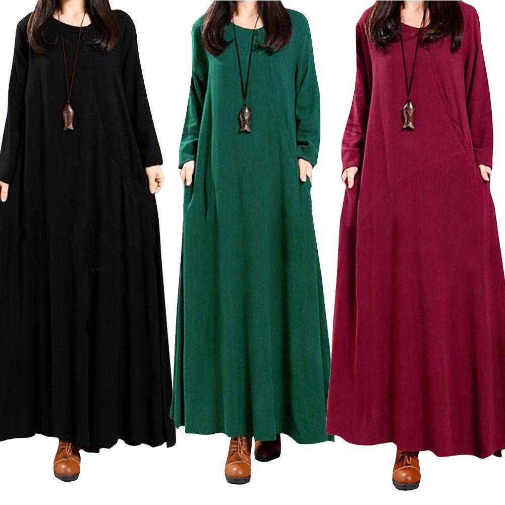 Elegant Plus Size Women Cotton Long Sleeve Vintage Kaftan Casual Maxi Dress