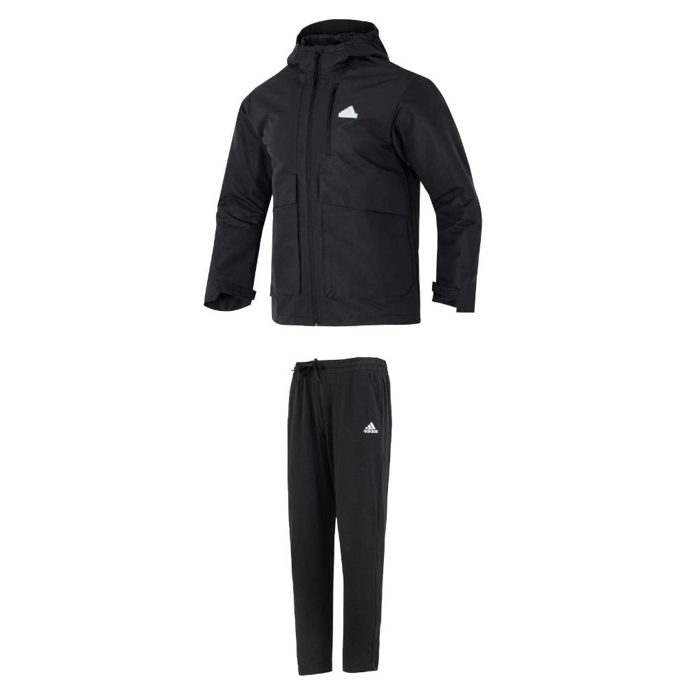 

Adidas Ветровка с капюшоном, куртка на молнии, брюки со средней талией и завязками, повседневный спортивный костюм, мужской костюм, черный цвет IT3951+IC9409 S