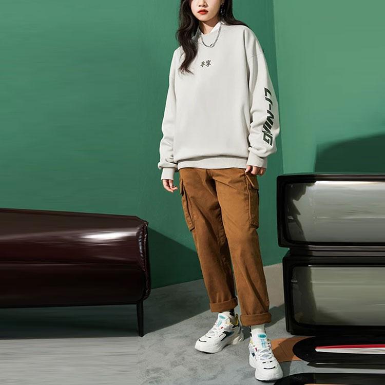 Li Ning Sports Trend Series Logo Fleece Warm Loose Pullover Sweatshirt Unisex sweatshirt Gray AWDR853-8