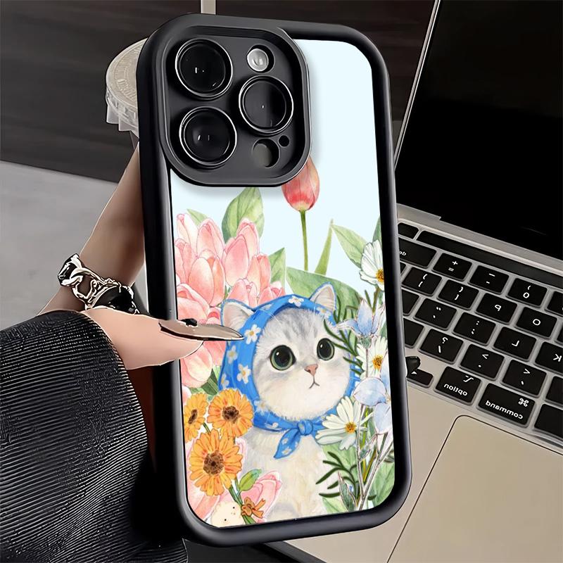 Phone Case for iPhone 17 Air 16E 15 16 Pro Max Cute Floral Headscarf Kitten Cover 14 Plus 13 12 Mini Soft Shell Silicone Fundas