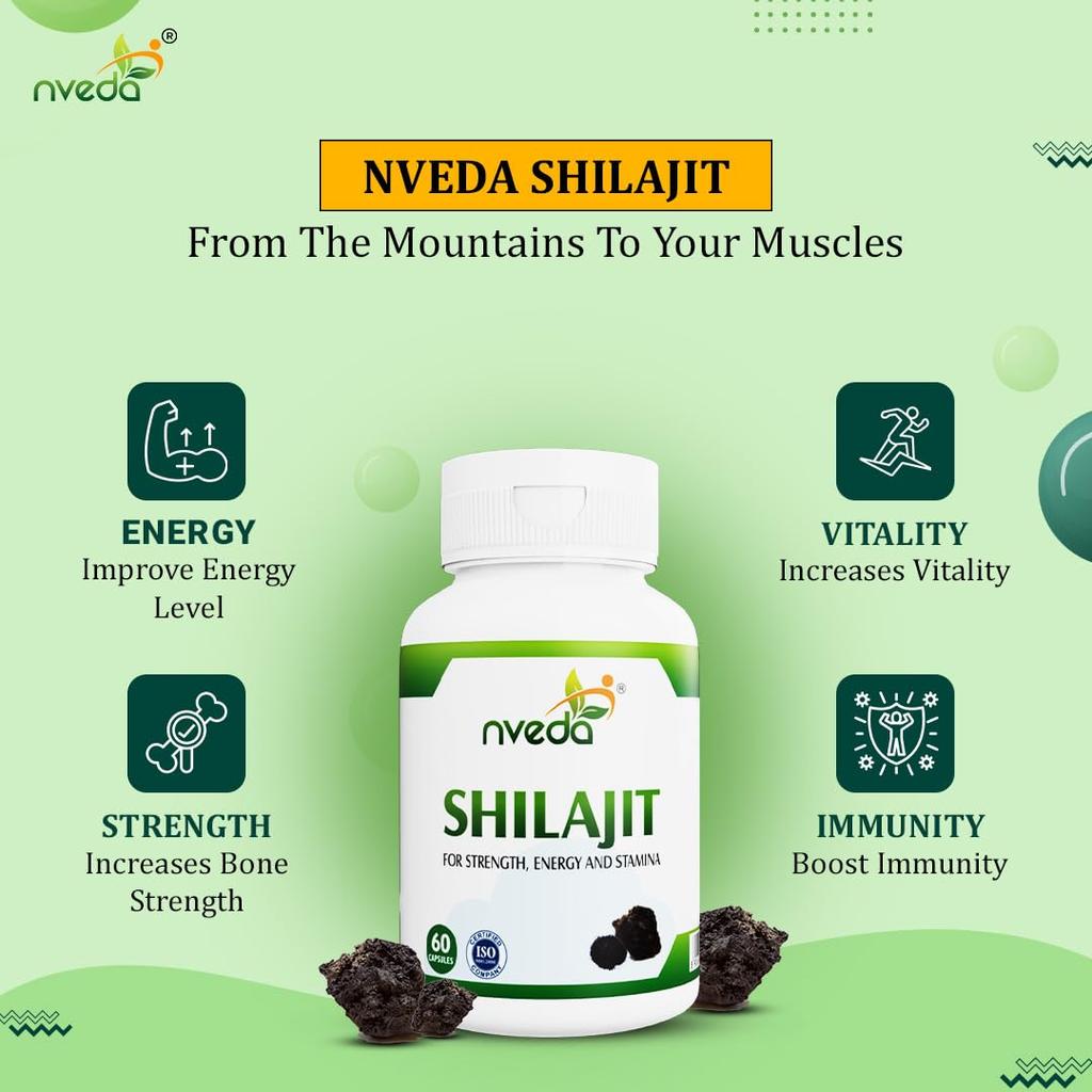 Nveda Shilajit Capsules 60 Pack Ayurvedic Stamina Booster Energy Enhancer Original Himalayan Shilajit for Men