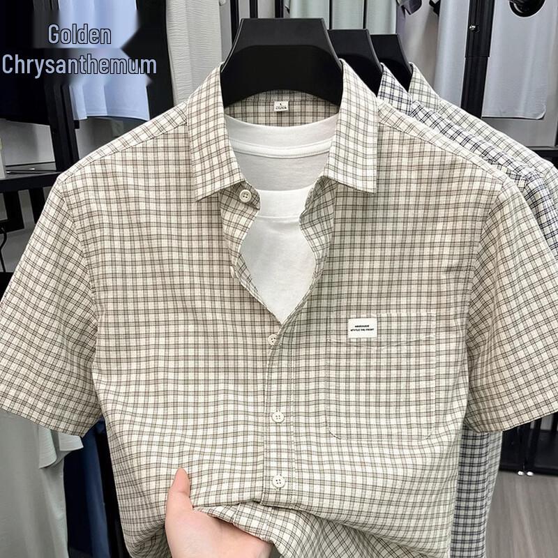 Men s 100% Cotton Plaid Short-Sleeve Shirt M