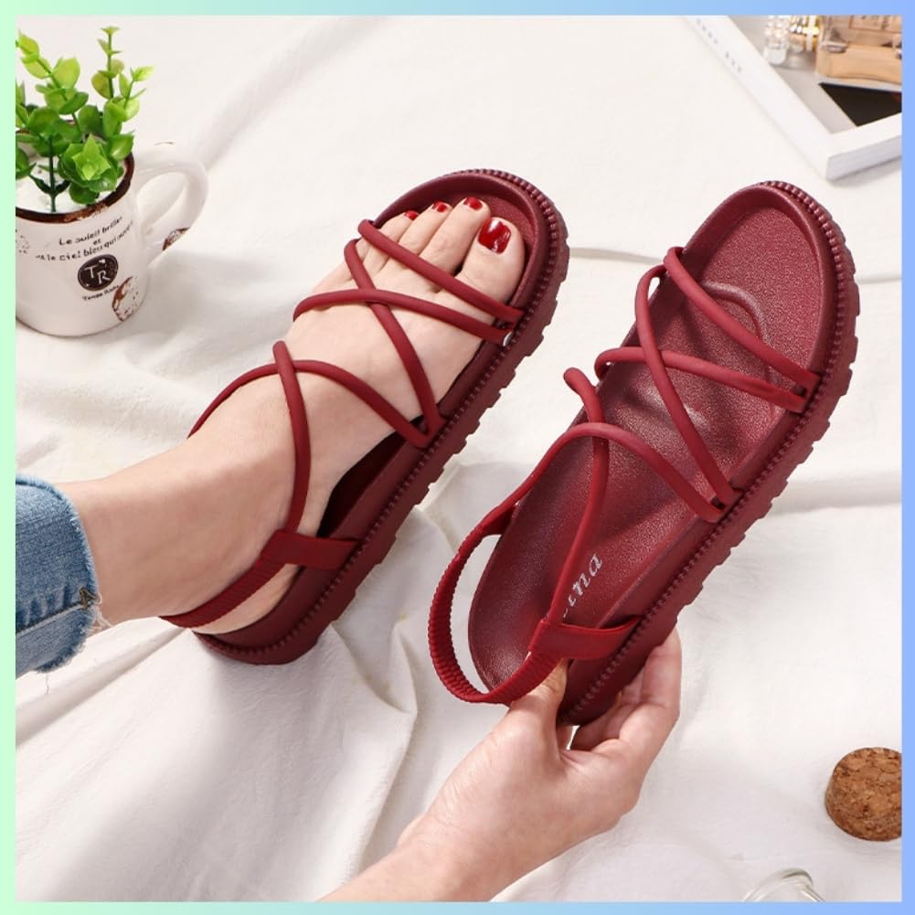 Narrow Strap Sports Sandals for Women [Tiki&Tiki] Lace-up (Wine Red, L)