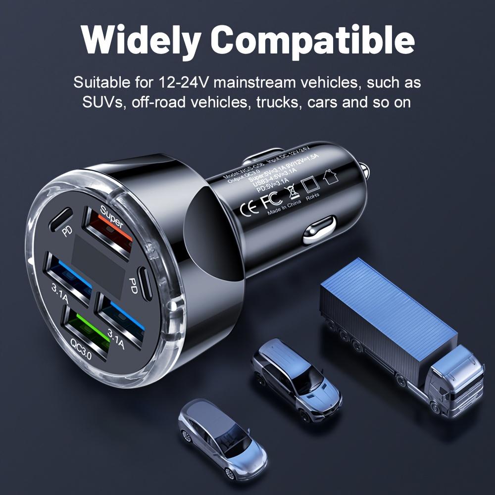 6-Port 100W Car Charger, Multi USB Fast Charging with LED Display