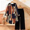 Geometric Print Two Piece Outfit Women Long Sleeve Irregular Hem Tunic Top Wide Leg Pants Casual Matching Set