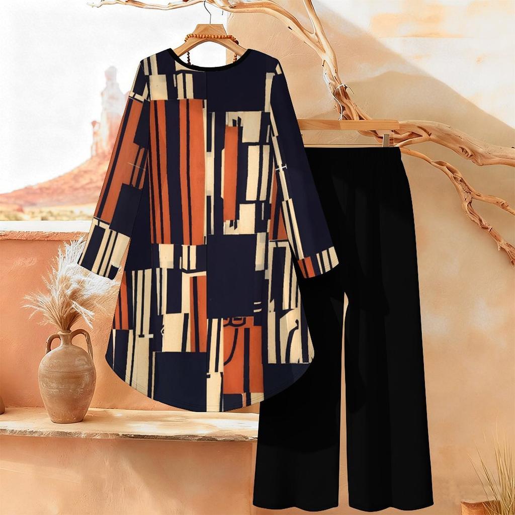Geometric Print Two Piece Outfit Women Long Sleeve Irregular Hem Tunic Top Wide Leg Pants Casual Matching Set