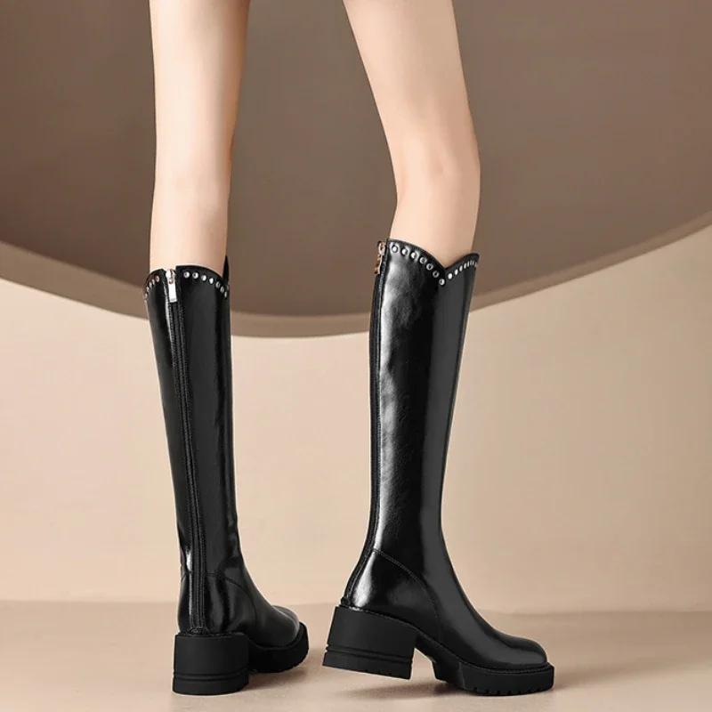 Fashion Women Leather Knee High Riding Boots Round Toe Thick High Heel Zipper Ladies Rivet Long Boot Autumn Winter Shoes