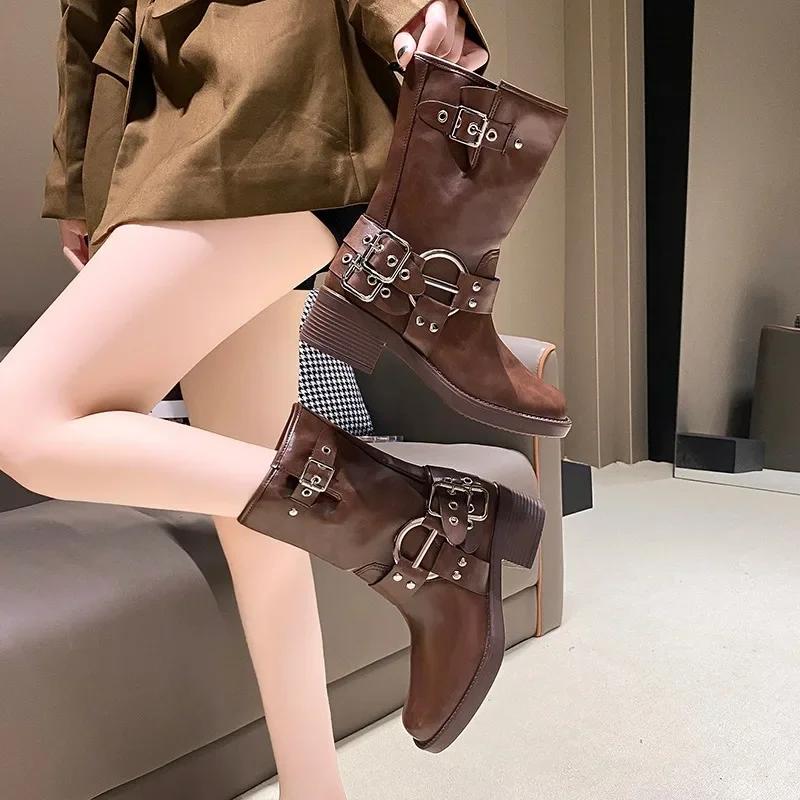 Women's Boots Fashion Belt Buckle Design Ladies Boots High Quality Mid-calf Leather Boot Women Knight Boots Casual Platform Boot