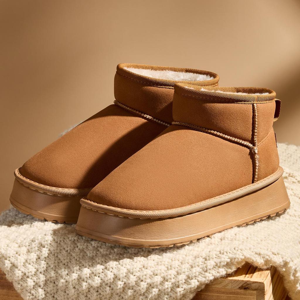 2026 Women's Winter Snow Boots: Non-Slip, Warm, Leather & Fur-Integrated, Thick Sole, Plus Velvet, Short Northeast Wool Slippers.