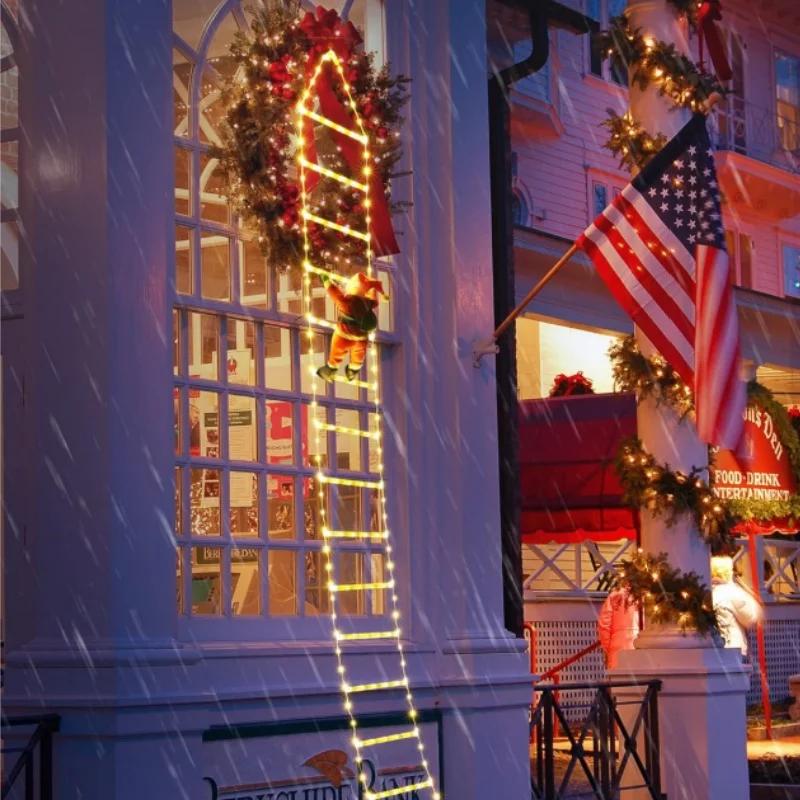 Christmas Decorations LED Ladder Lights with Climbing Santa Claus Christmas Decorative Lights for Home Holiday Garden Wall Decor