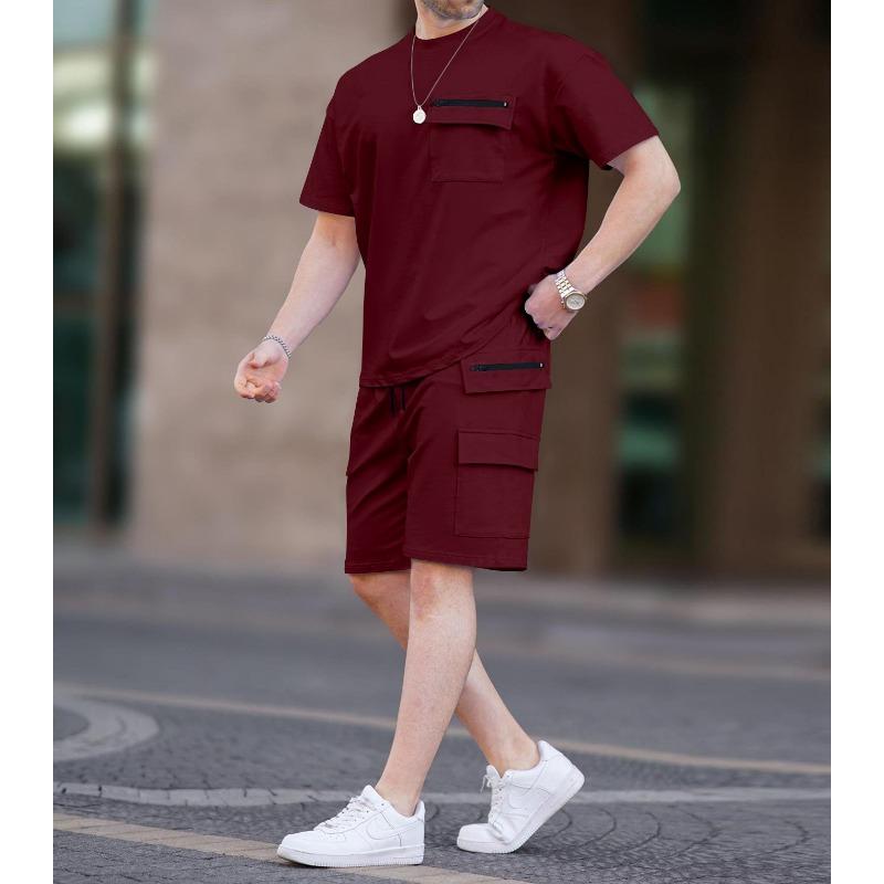 Men Solid Color 2 Piece Outfit Short Sleeve T-Shirt And Cargo Shorts Set With Zipper Pockets