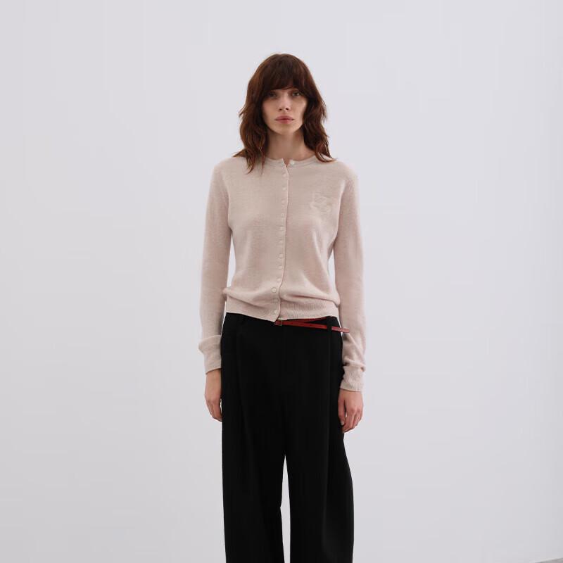 GREEN BELT Women's 100% Wool Slim Fit Embroidered Round Neck Cardigan