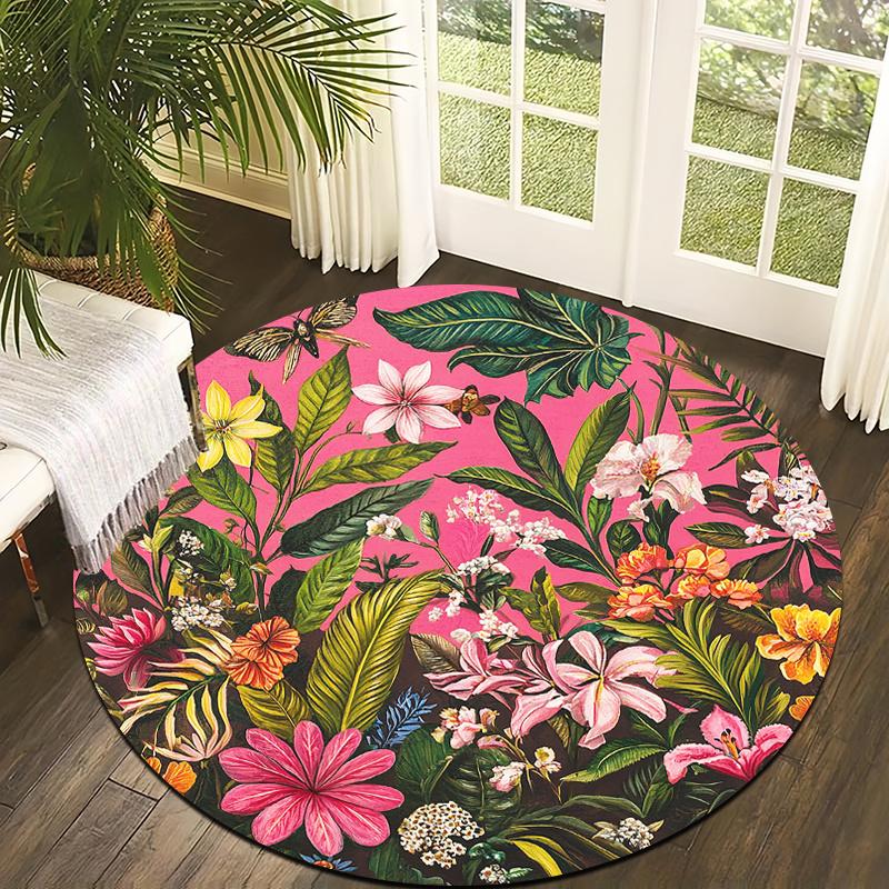 Pink tropical flower jungle Flannel-printed round floor mats are slip-resistant Suitable for room bedroom terrace garden carpets