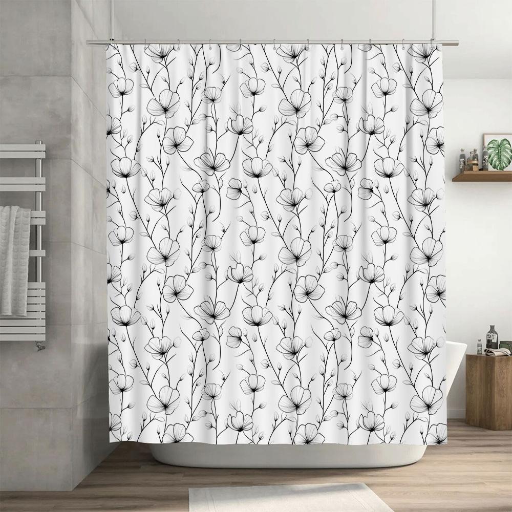 Modern Black White Floral Shower Curtain Bathroom Decor Customizable Size Waterproof Printing High Quality Home Decoration