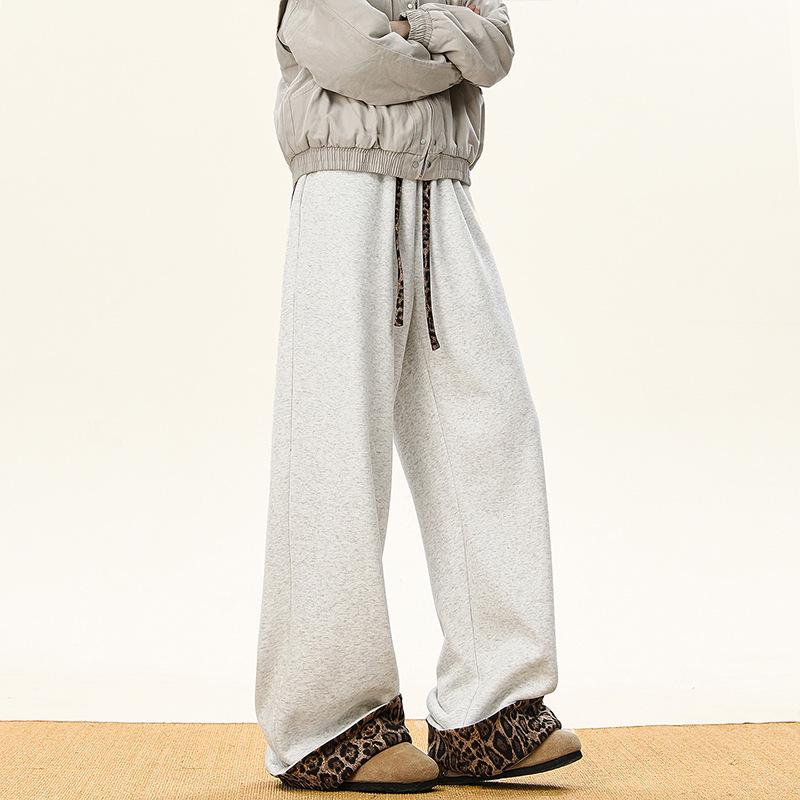 Unisex Leopard Print Patchwork Sweatpants: Retro, Velvet-Lined, Wide-Leg for Autumn/Winter XL