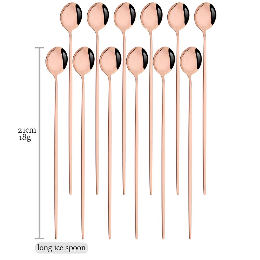Drmfiy 12Pcs Rose Gold Cutlery Set Fork Knife Spoon Flatware Stainless Steel Dinnerware Set Lomg Ice Spoon Kitchen Set Tableware