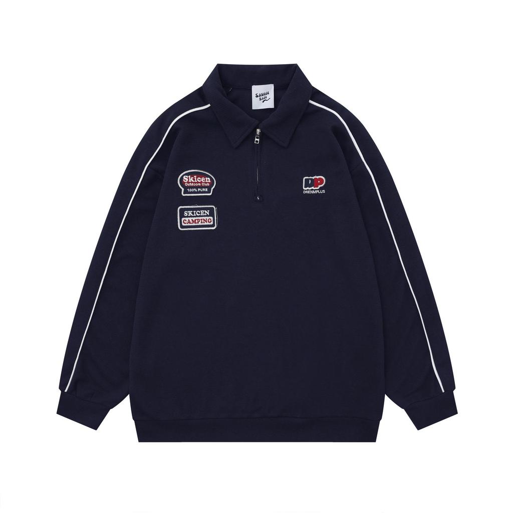 Wild Man Trendy American Letter Embroidery Waffle Knit Sweatshirt, Spring/Autumn Academy Style Half-Zip Polo