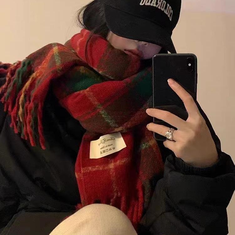 Korean Style Withered Rose Plaid Imitation Cashmere Scarf - Women's Winter Christmas Red Shawl