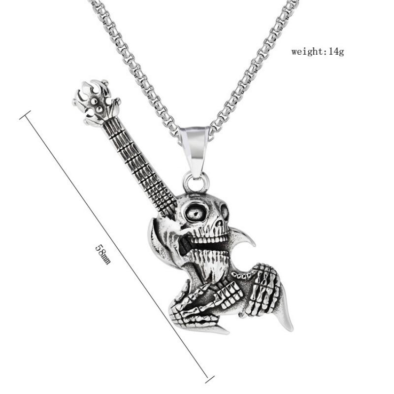 Punk Fashion Skull Guitar Titanium Steel Necklace Pendant for Men and Women Retro Trendy Brand Pendant