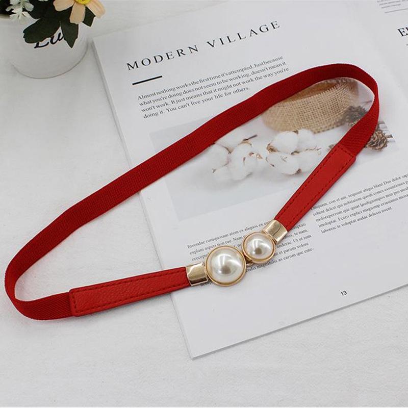 Women Double Pearl Belt Pu Leather Dress Skirt Waist Elastic Thin Belts