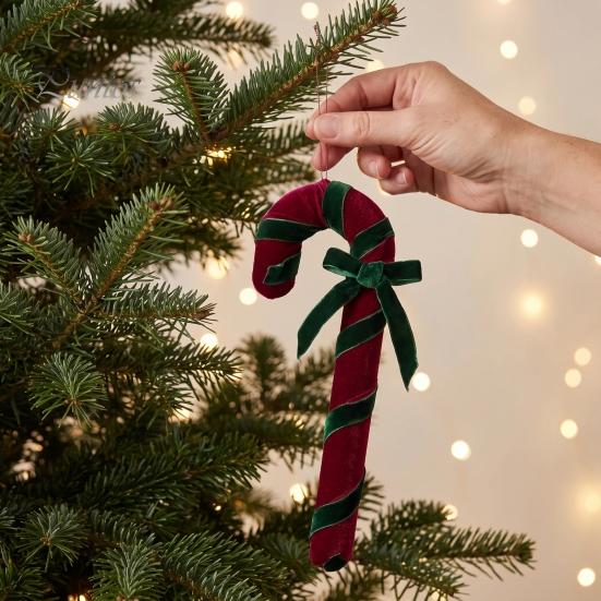 Holiday Party Supplies Velvet Christmas Candy Cane Ornament, Fabric Decoration with Hanging Ornaments Bow, Xmas Tree Decor Pendant for Soft