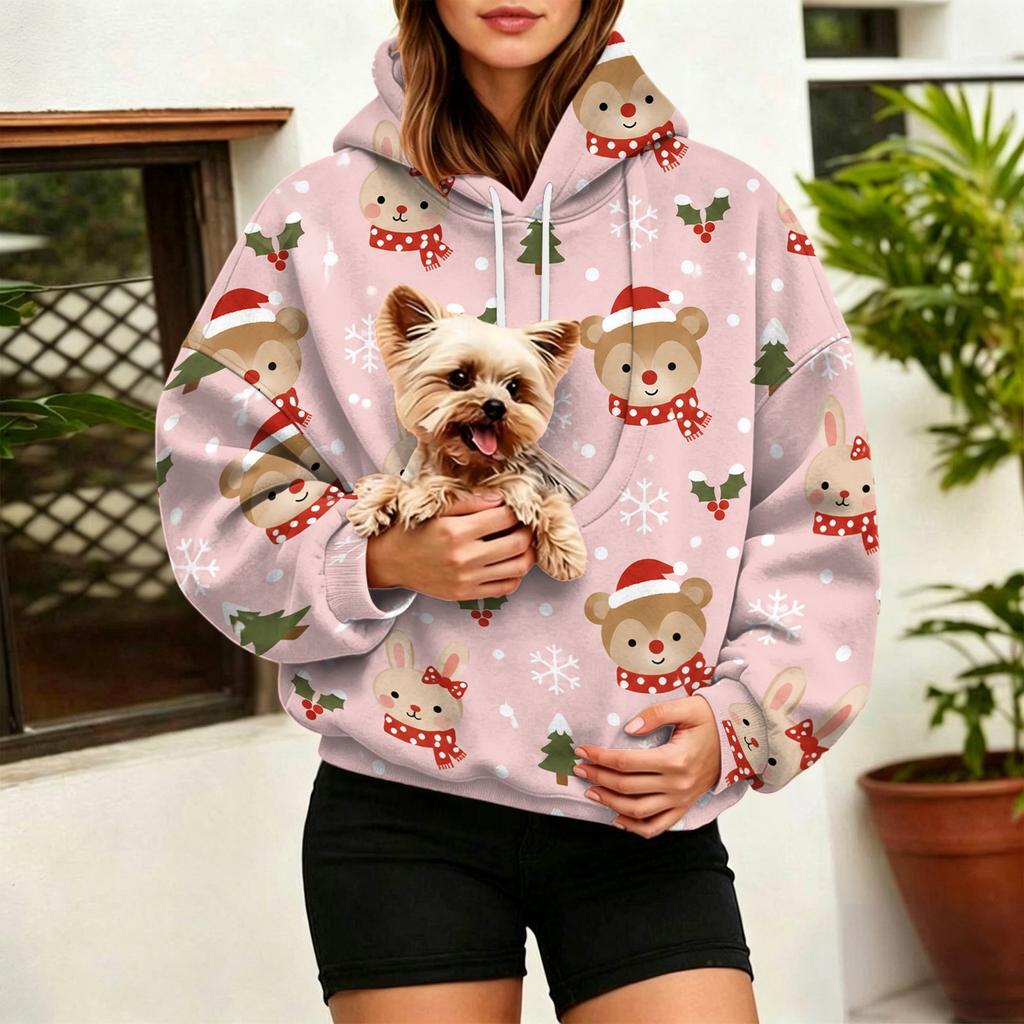Damen Mode Weihnachtsdruck Pullover Hoodie mit großer Haustier Tasche für Freizeitkleidung