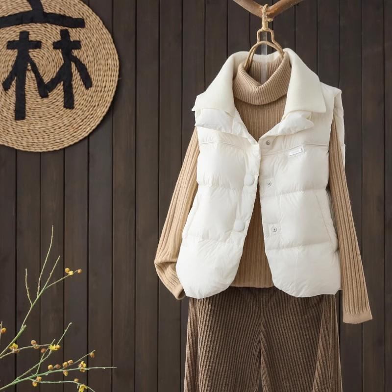 

Премиальный пуховый жилет из белого утиного пуха женский 2025 зима новый трикотажный лацкан повседневный теплый жилет S слоновая кость