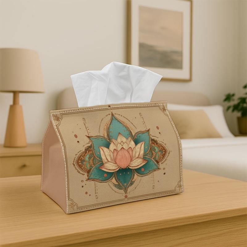 1pc Party Tissue Box, Elegant Oriental Art Nouveau, Multifunctional Tissue Holder, Decorative Illustration of Lotus Mandala, Supplies for Outdoor Part