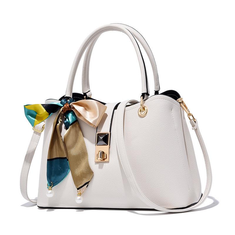 Classic White Pu Handbag For Women With Large Capacity And Elegant Scarf Urban Chic Style