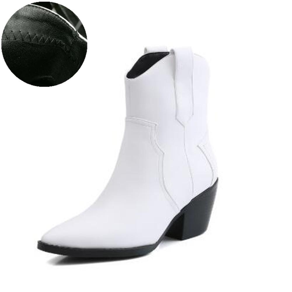 Pointed Toe Western Cowgirl Chelsea Ankle Boots Shoes Women Cossacks Cowboy Boats Wedges Femal Botas Mujer 33-45Black White