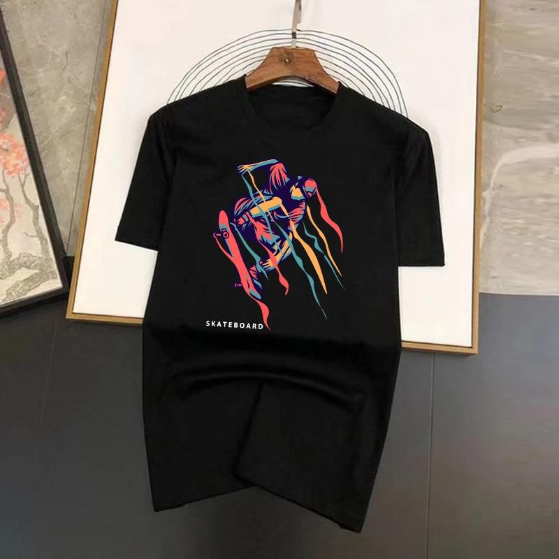 

Весна Лето Модные мужские/женские футболки Цветные спрей Скейтборды Печатные футболки с коротким рукавом и круглым вырезом Корейский стиль Топы Футболки Женские S бежевый