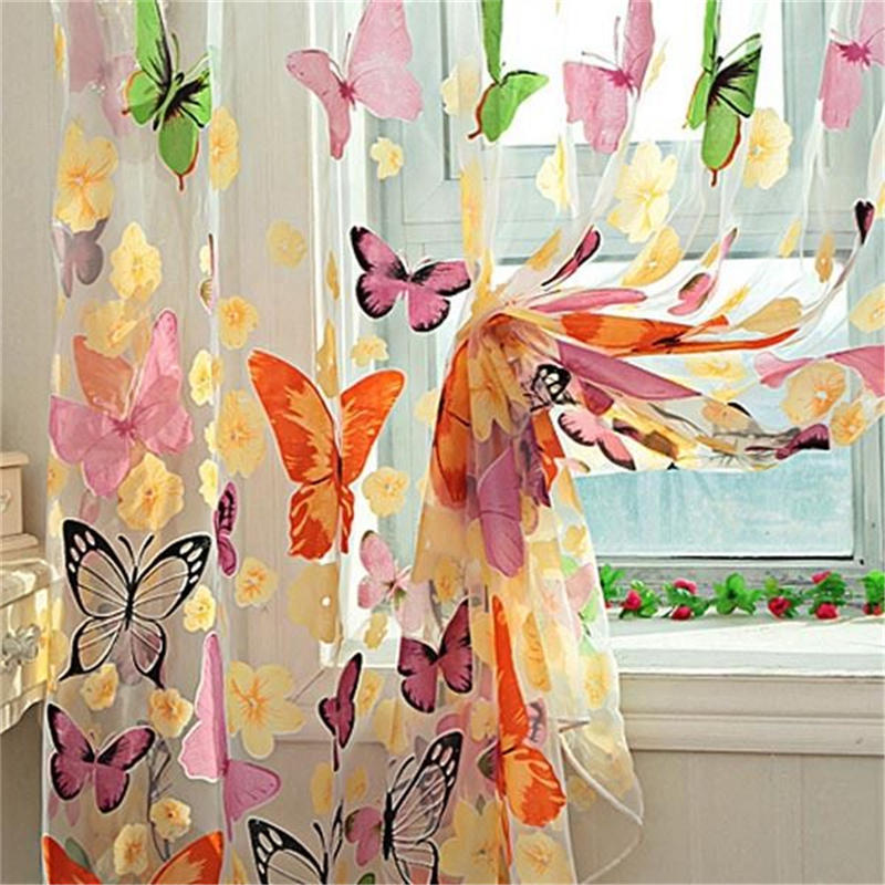 1Pc New Floral Butterfly Sheers Curtains Voile Tulle Door Window Curtain Valance