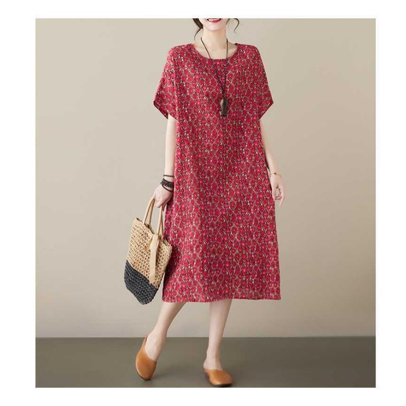 Ancient Red Small Copper Literary Loose Casual Dress Women