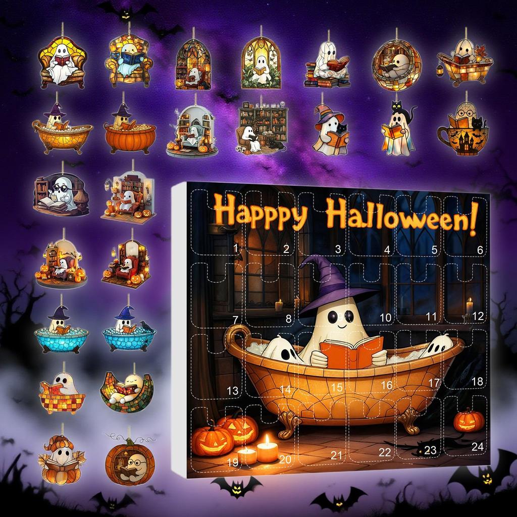 Ghost Countdown Calendar 2025 24 Days 2D Acrylic Reading Ghost Ornament Advent 2025 Spooky Charm For Kids Bookshelf Wall Window