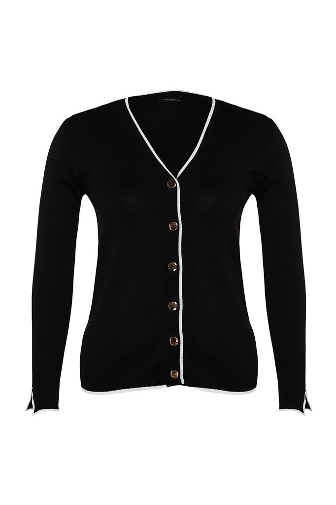Women's Style Plus Size Black Gold Button Detailed Striped Knitted Cardigan