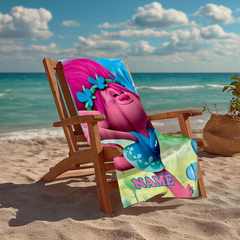 Custom Name Ultra-Soft Beach Towel with Trolls Theme,Ideal for Pool - Camping, Diving - Perfect Travel Essential, Vibrant Beach Towel.